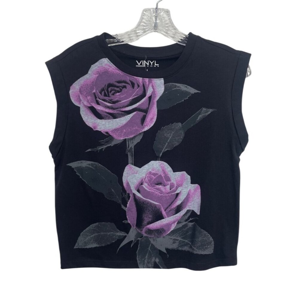 Vinyl Icons Rose Graphic Sleeveless Crop Top Tank Top Large Gray Pink New